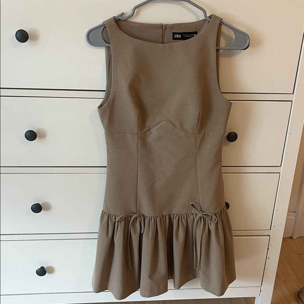 Zara Tan Sleeveless Dress with Ruffle Hem